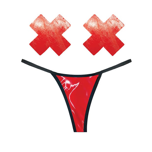 Neva Nude - Naughty Knix Vixen Wet Vinyl G String and Pasties Nipple Covers Set O/S (Red) Nipple Covers