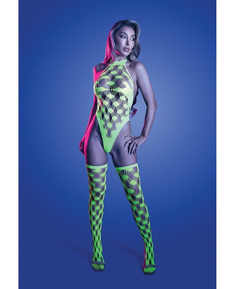 Fantasy Lingerie - Adrenaline Rhinestone Fishnet Teddy Set (Neon Green) - Green / One Size