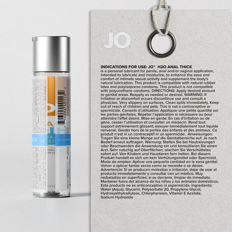 JO H2O Anal Thick Original 120ml back label, directions and ingredients